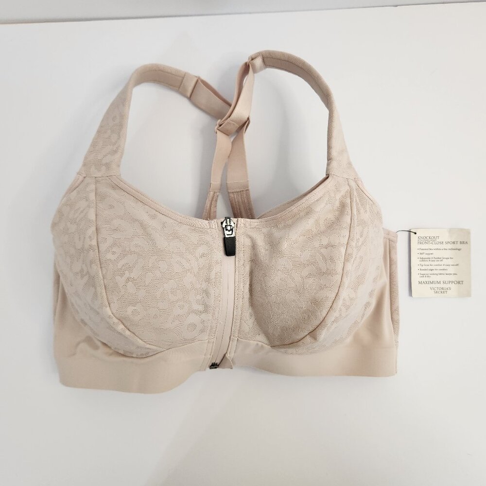 Victoria’s Secret Knockout Front Close Zip Sports Bra 36DDD Beige Animal Print